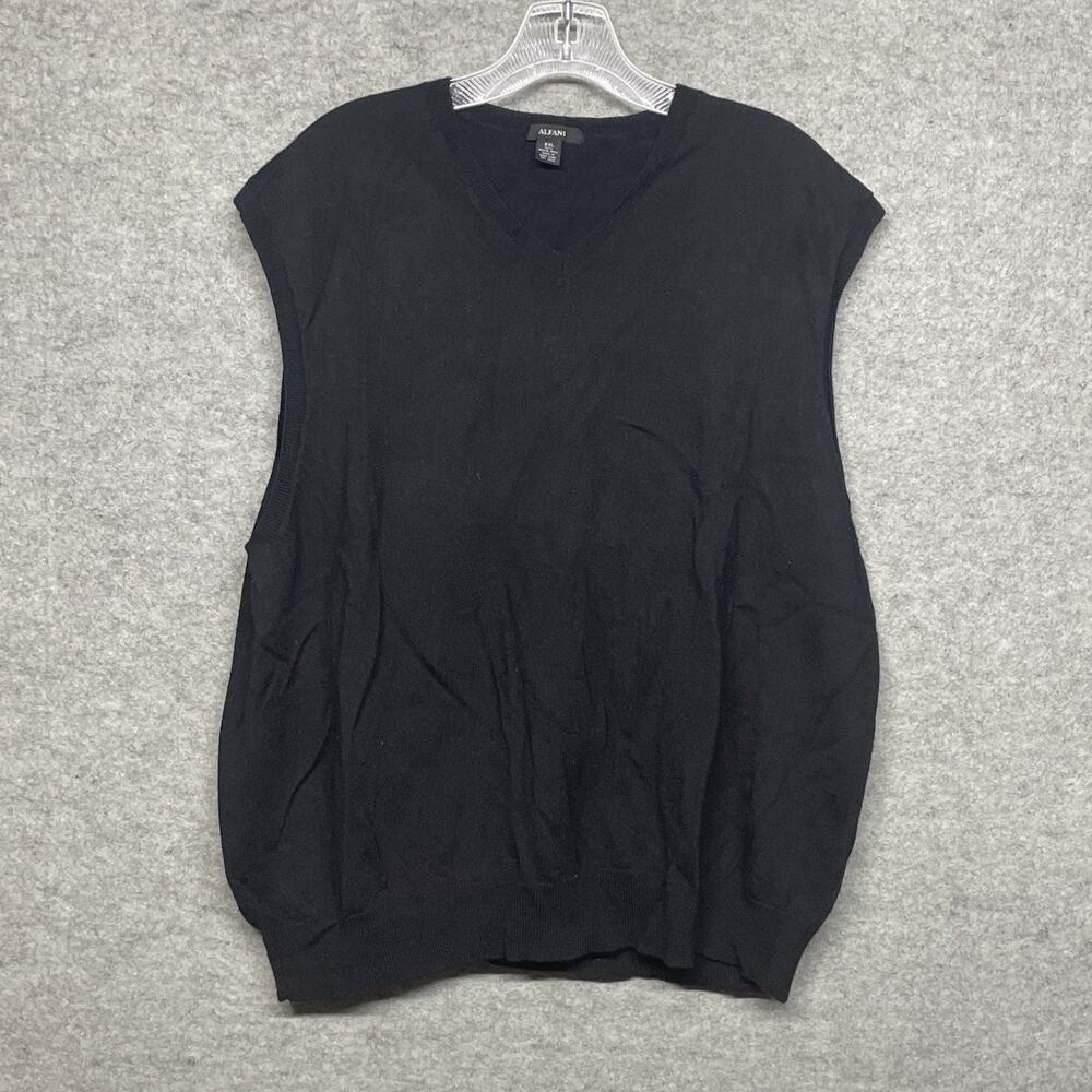 Vtg Alfani Vest Mens 2XL Black 100% Wool Merino Ribbed V Neck Sweater Hong Kong